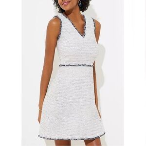 LOFT Fringe Boucle Flare Dress Navy Blue and White Size 8